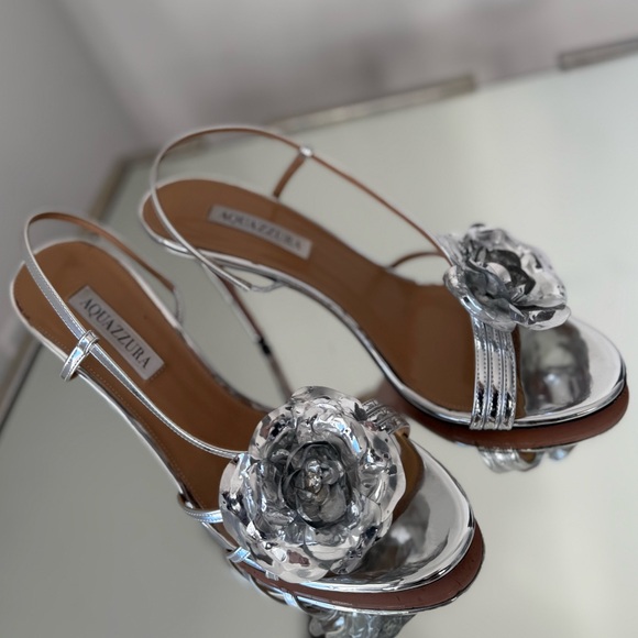 Like new AQUAZZURA Paris Rose 105 crystal-embellished metallic leather sandals - Picture 6 of 13